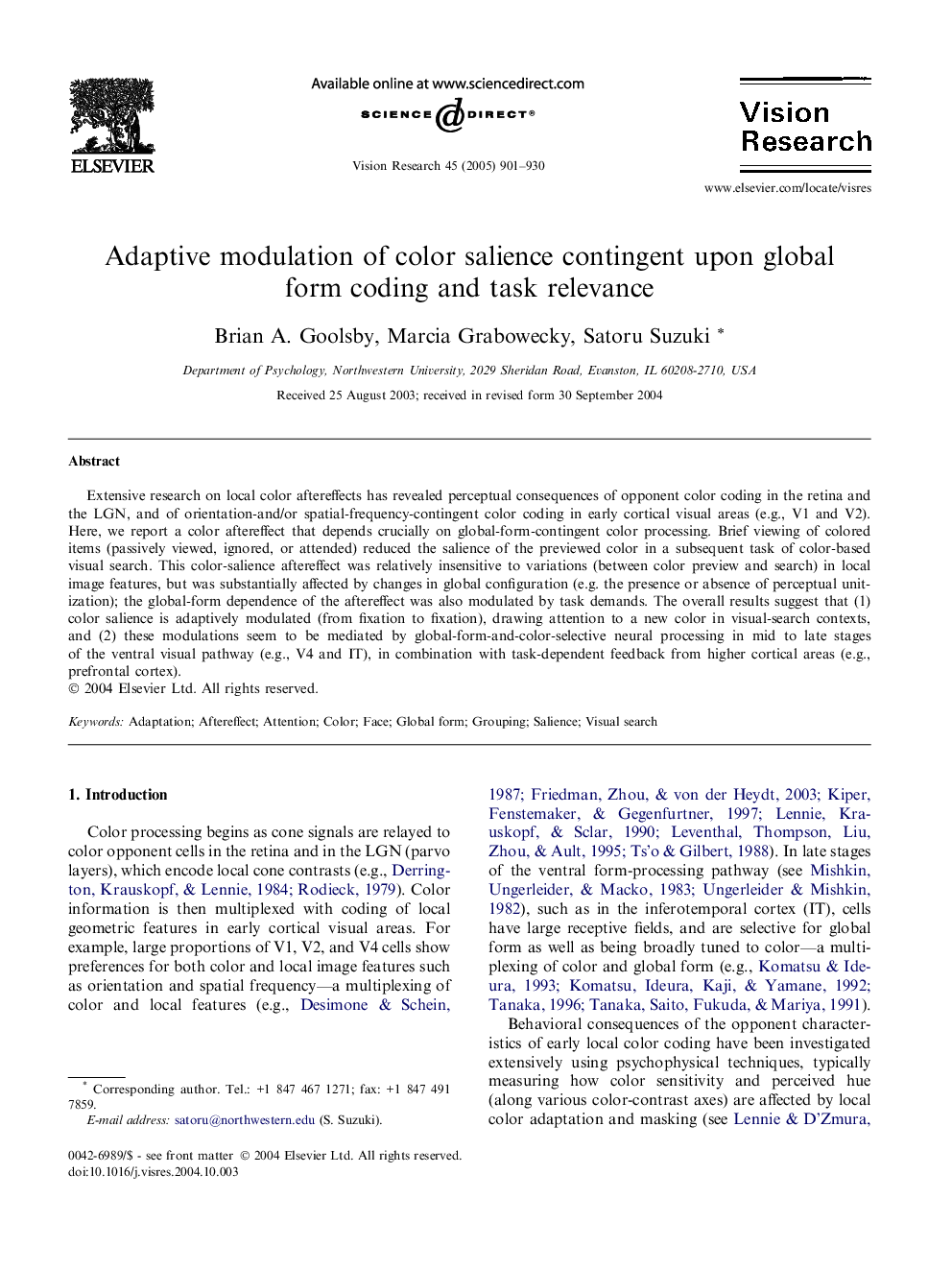 Adaptive modulation of color salience contingent upon global form coding and task relevance