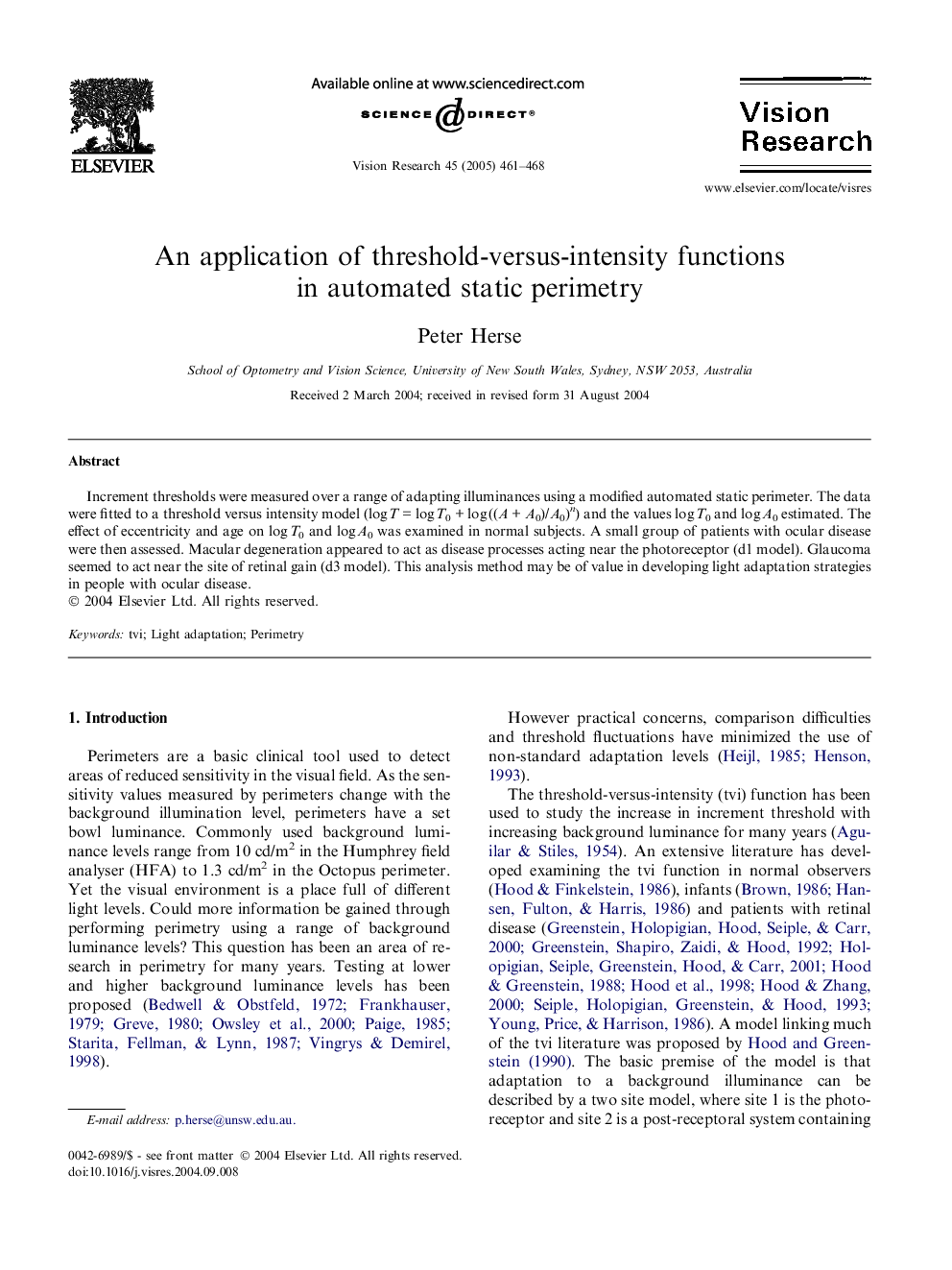 An application of threshold-versus-intensity functions in automated static perimetry