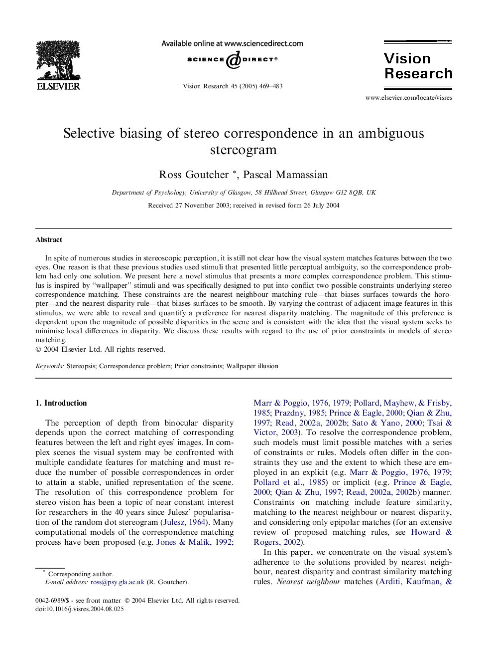 Selective biasing of stereo correspondence in an ambiguous stereogram