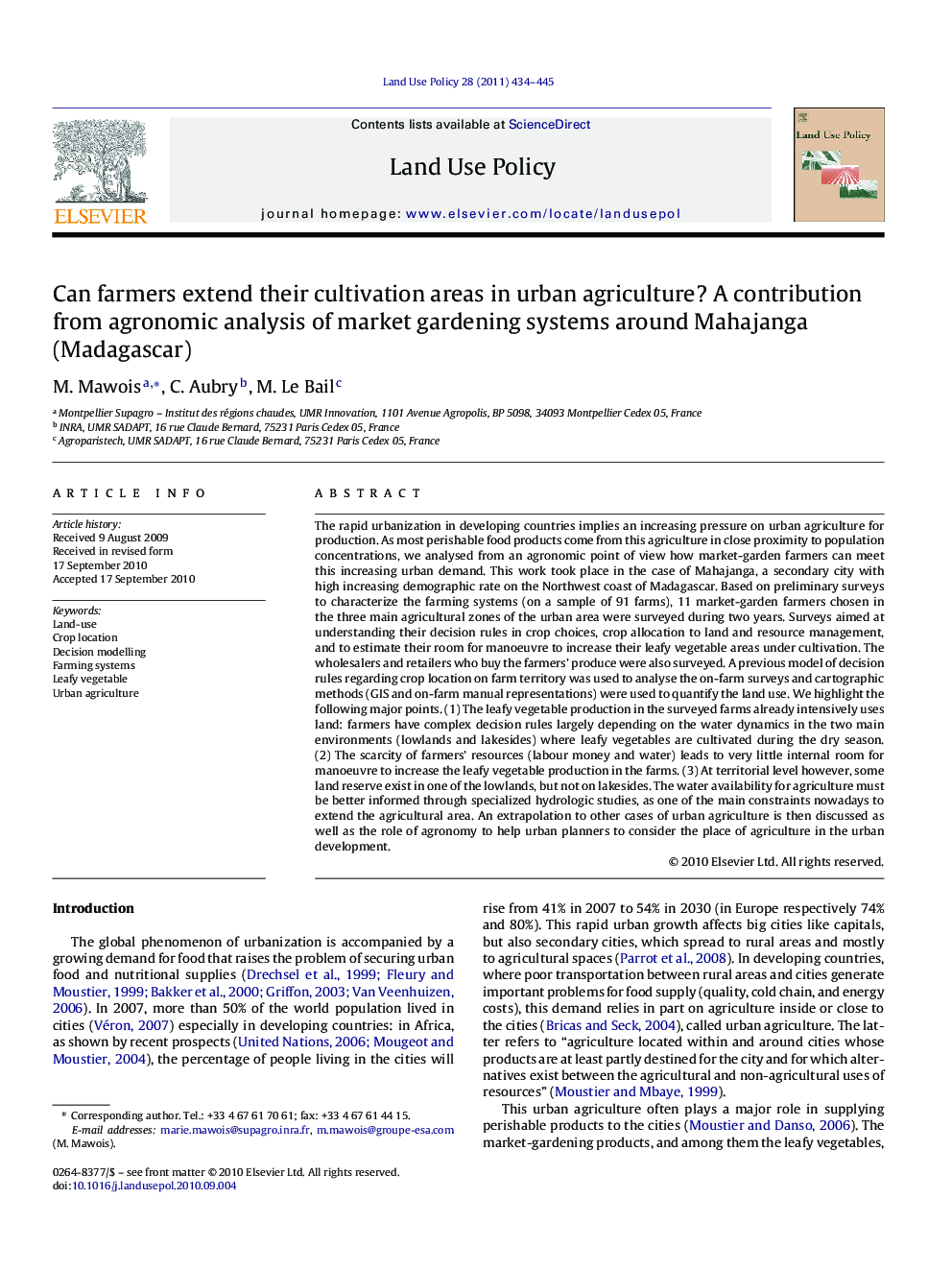 Can farmers extend their cultivation areas in urban agriculture? A contribution from agronomic analysis of market gardening systems around Mahajanga (Madagascar)