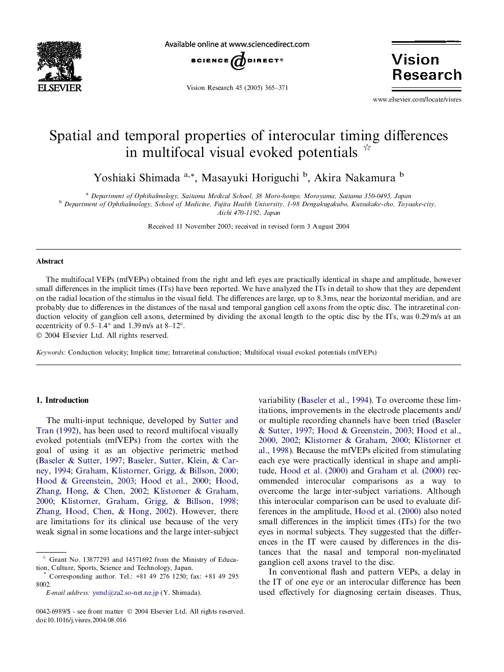 Spatial and temporal properties of interocular timing differences in multifocal visual evoked potentials