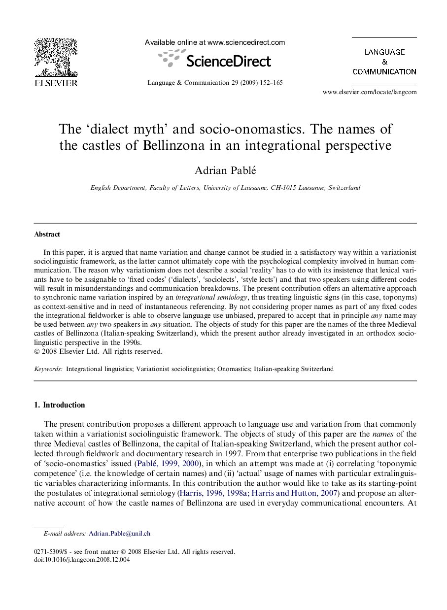 The ‘dialect myth’ and socio-onomastics. The names of the castles of Bellinzona in an integrational perspective