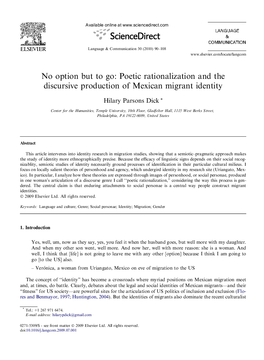 No option but to go: Poetic rationalization and the discursive production of Mexican migrant identity