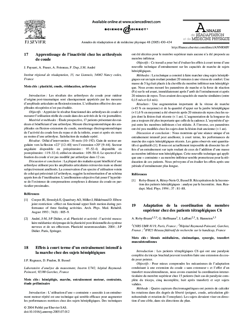 Apprentissage, adaptation et rétablissement de la fonction