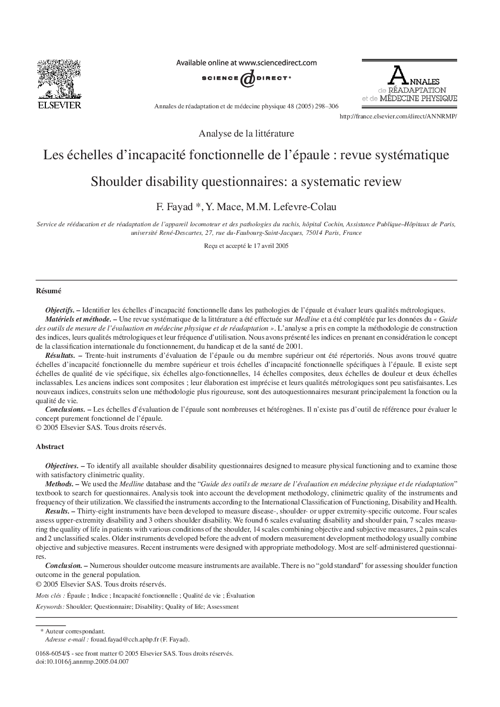 Les échelles d'incapacité fonctionnelle de l'épauleÂ : revue systématique