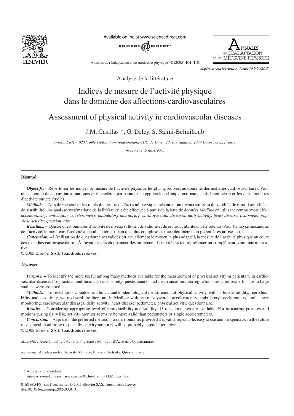 Indices de mesure de l'activité physique dans le domaine des affections cardiovasculaires