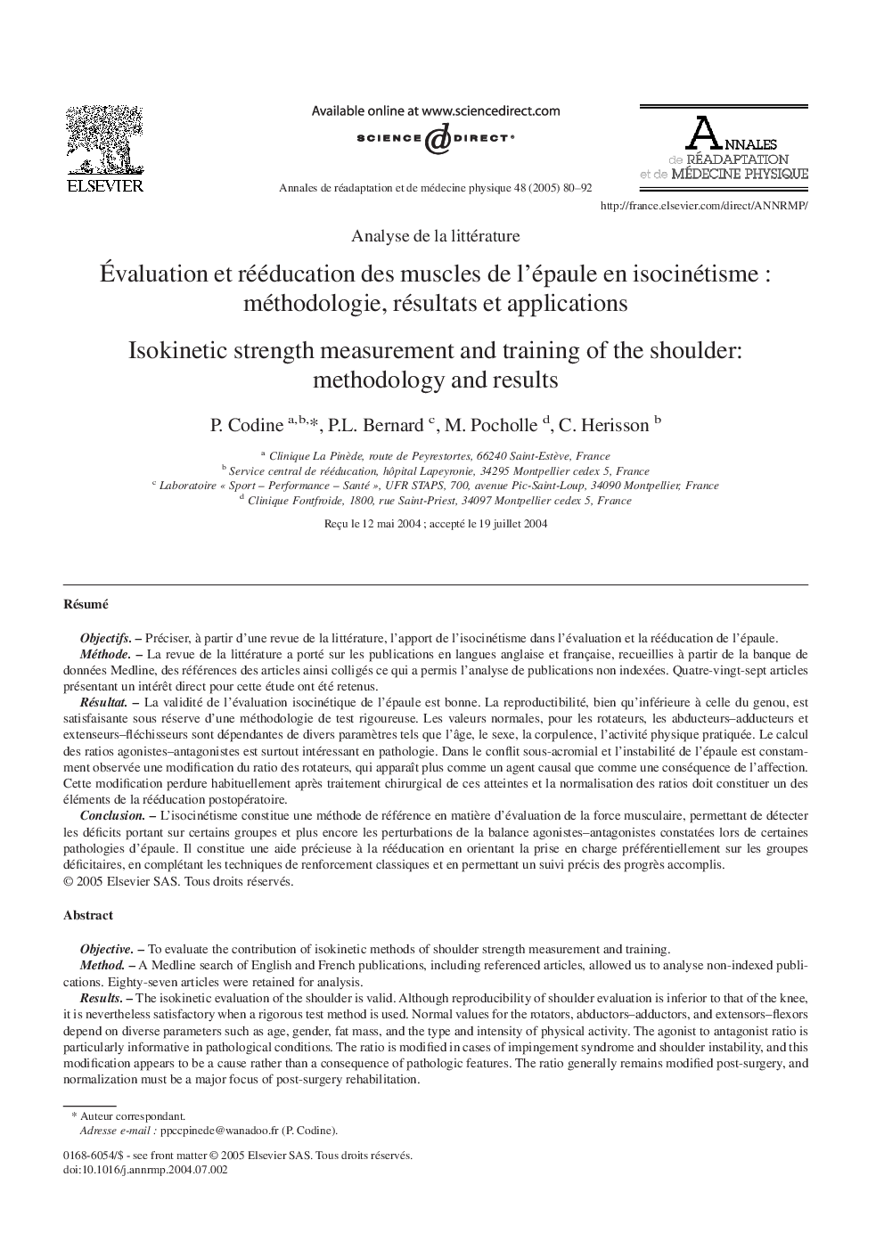 Ãvaluation et rééducation des muscles de l'épaule en isocinétismeÂ : méthodologie, résultats et applications