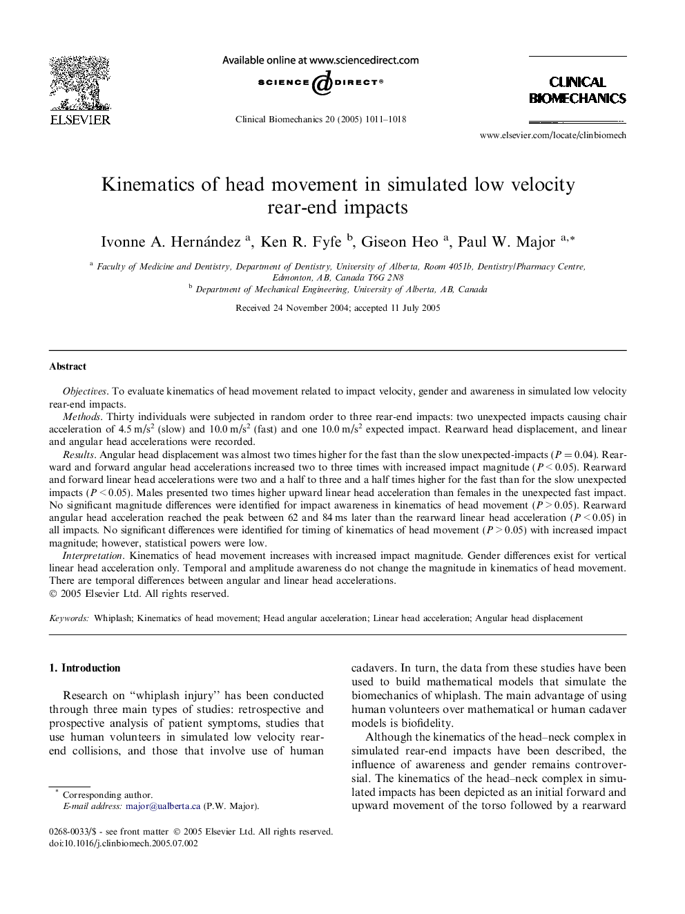 Kinematics of head movement in simulated low velocity rear-end impacts