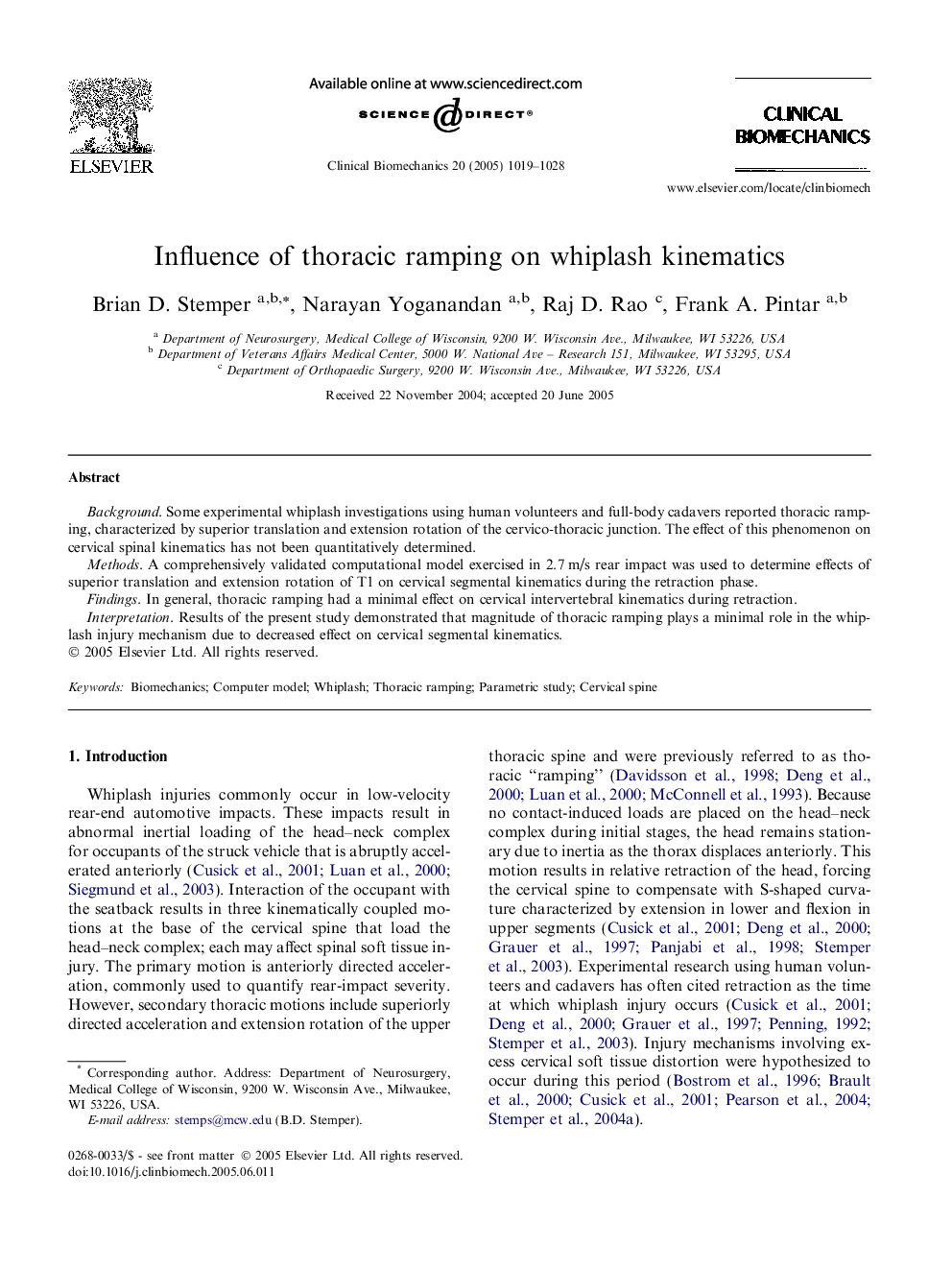 Influence of thoracic ramping on whiplash kinematics