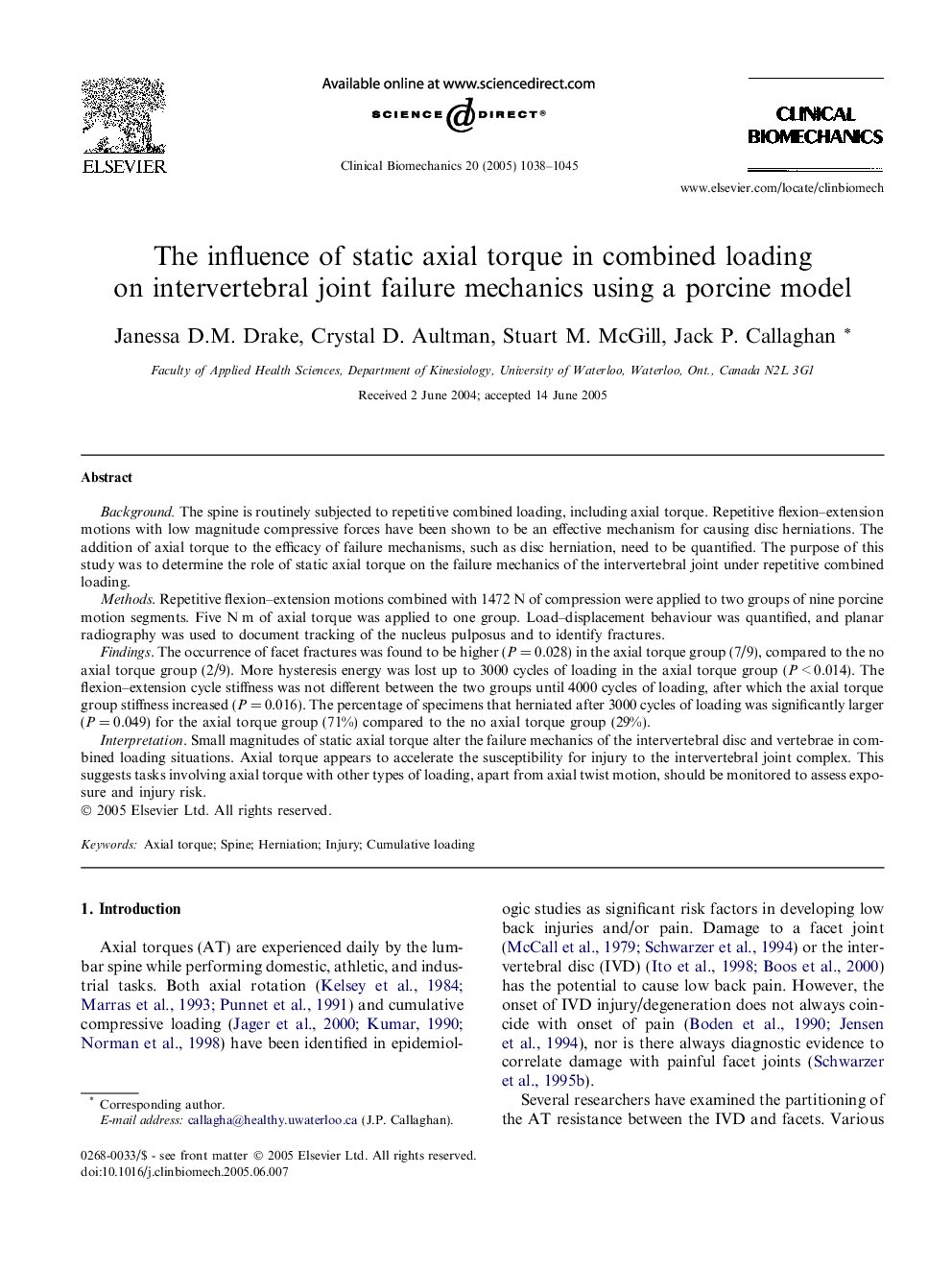 The influence of static axial torque in combined loading on intervertebral joint failure mechanics using a porcine model