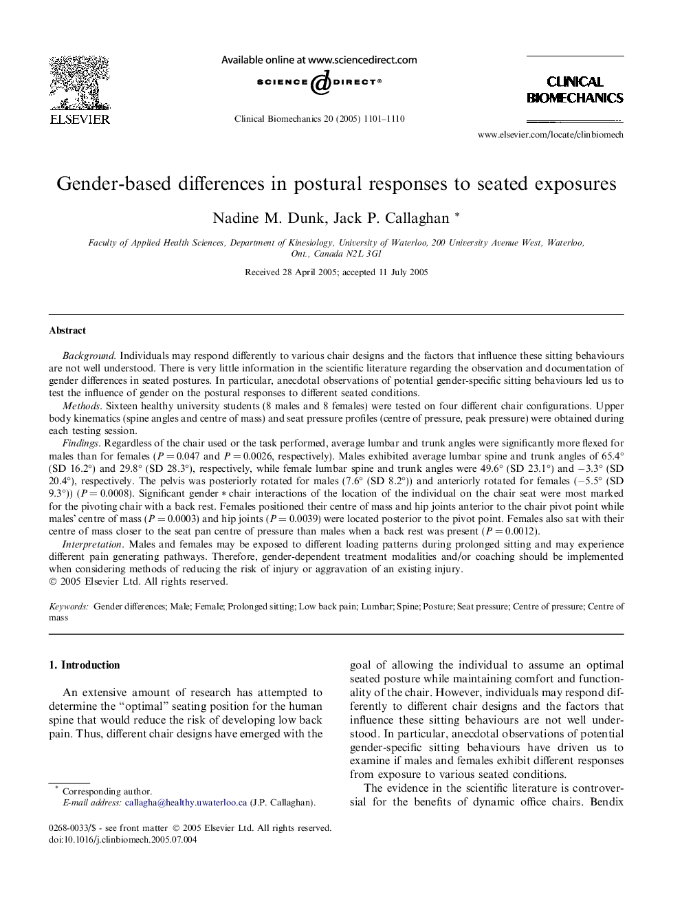 Gender-based differences in postural responses to seated exposures