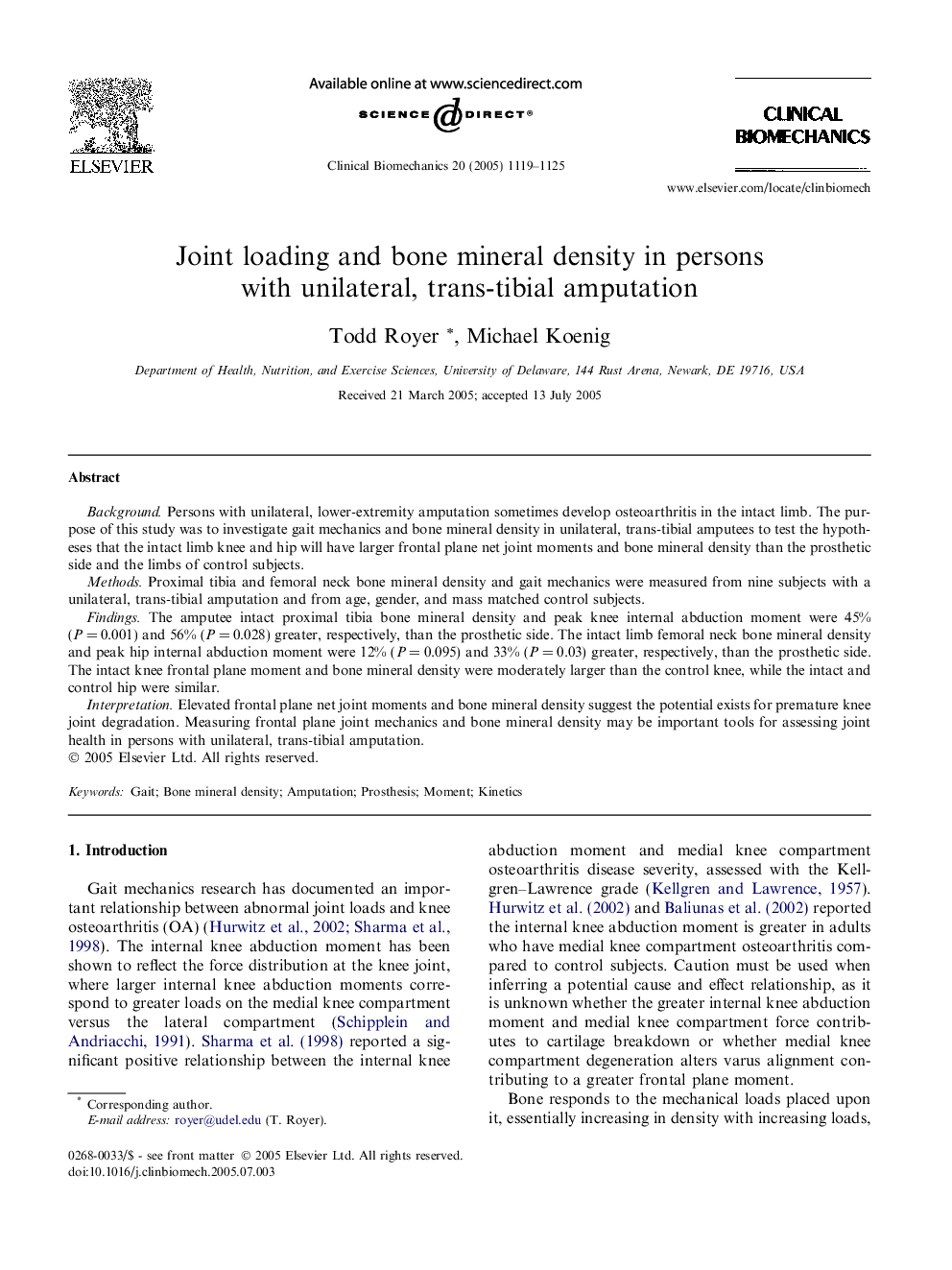 Joint loading and bone mineral density in persons with unilateral, trans-tibial amputation