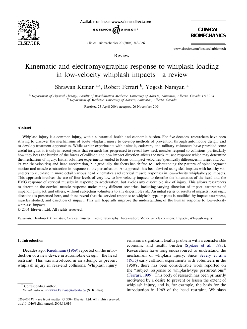 Kinematic and electromyographic response to whiplash loading in low-velocity whiplash impacts-a review