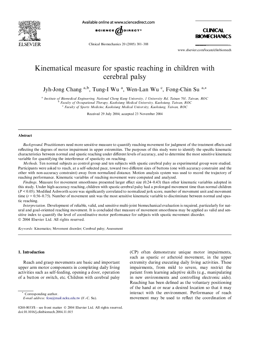 Kinematical measure for spastic reaching in children with cerebral palsy