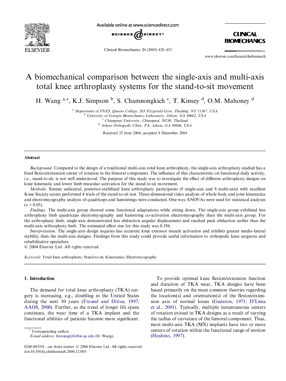 A biomechanical comparison between the single-axis and multi-axis total knee arthroplasty systems for the stand-to-sit movement