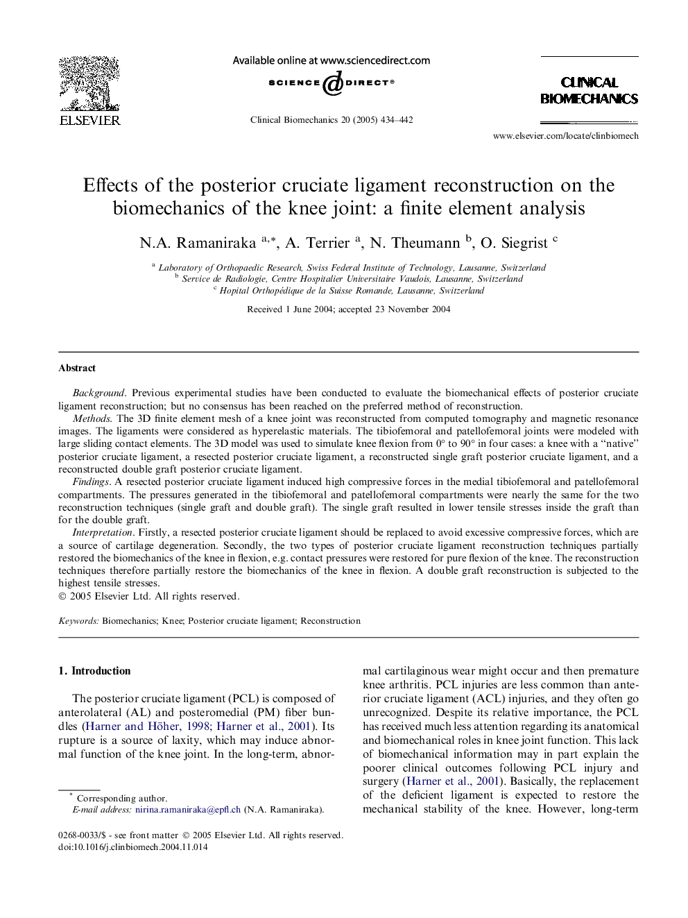 Effects of the posterior cruciate ligament reconstruction on the biomechanics of the knee joint: a finite element analysis