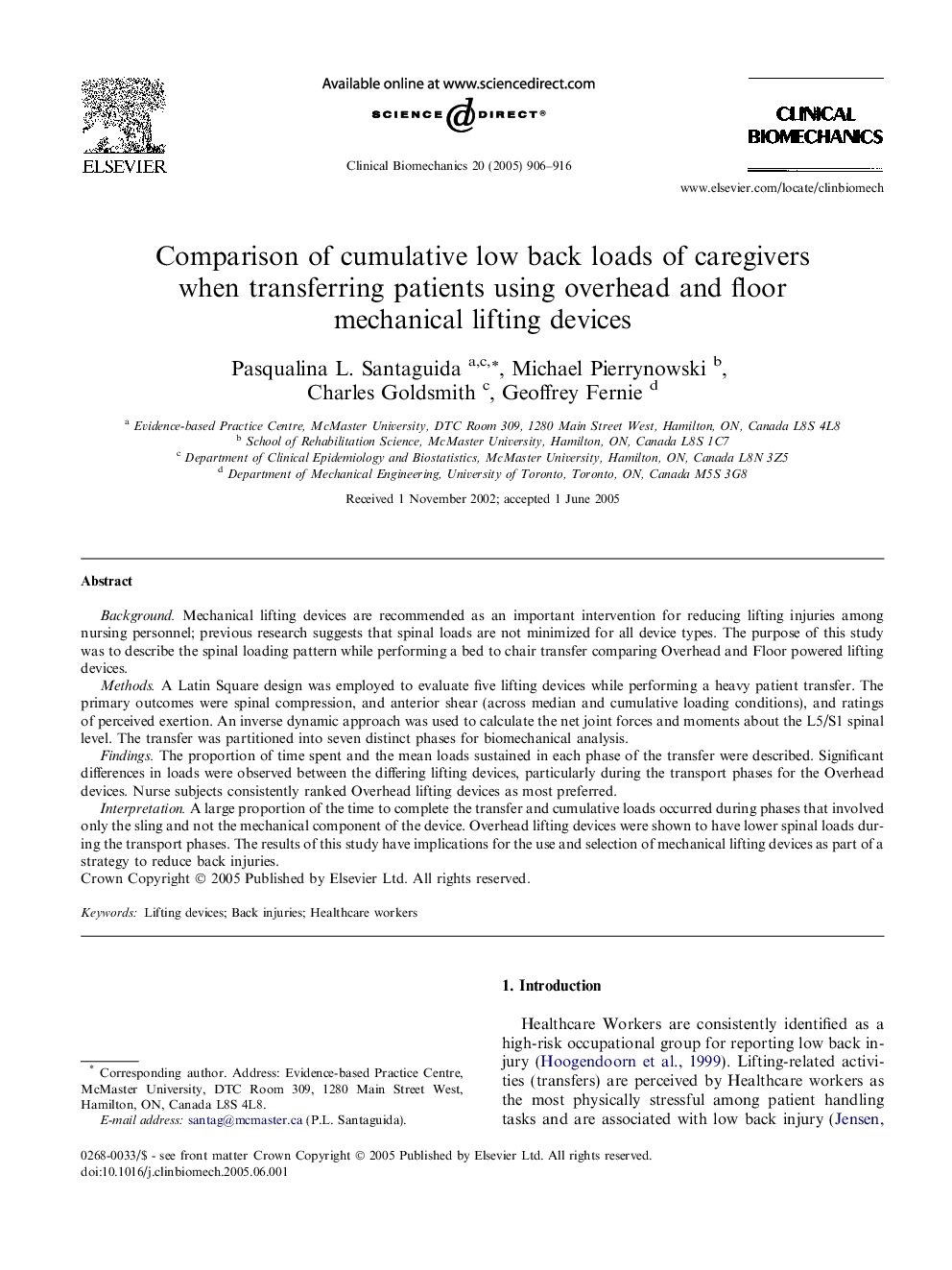 Comparison of cumulative low back loads of caregivers when transferring patients using overhead and floor mechanical lifting devices
