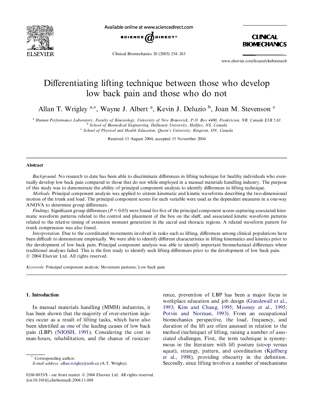 Differentiating lifting technique between those who develop low back pain and those who do not