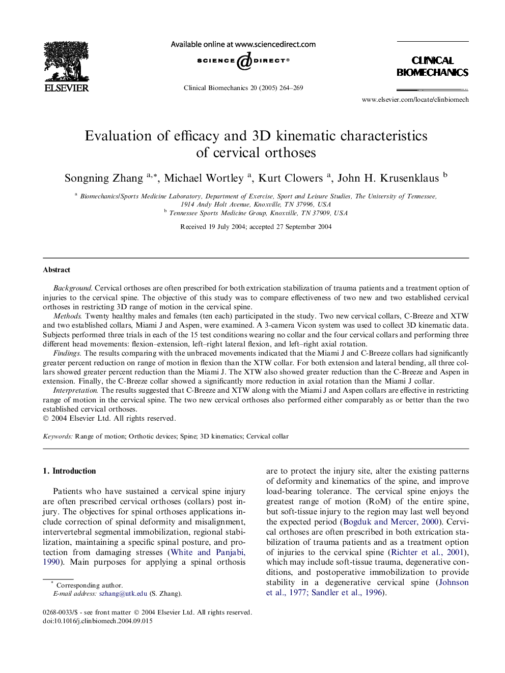 Evaluation of efficacy and 3D kinematic characteristics of cervical orthoses