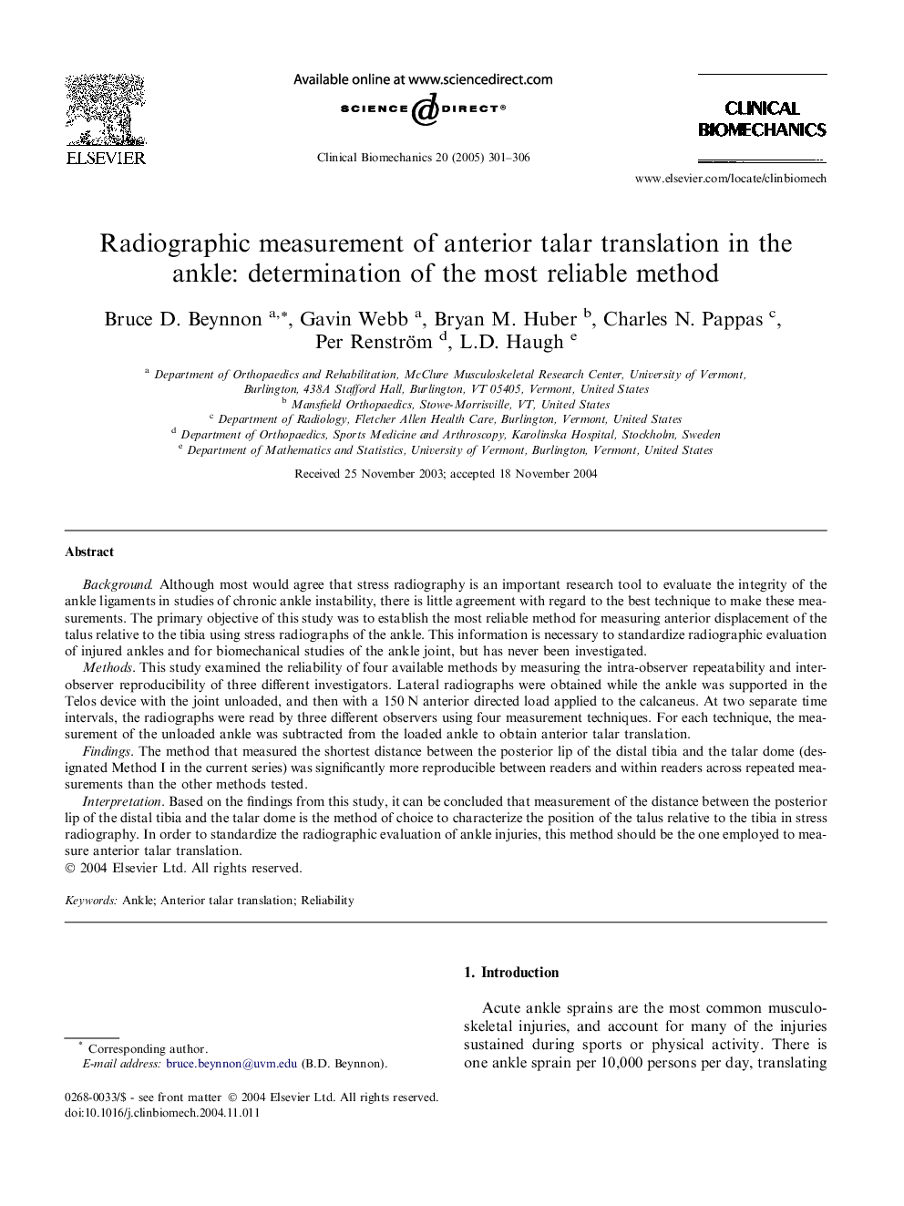 Radiographic measurement of anterior talar translation in the ankle: determination of the most reliable method