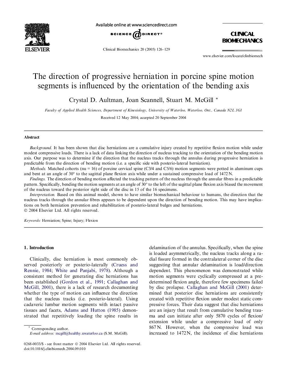 The direction of progressive herniation in porcine spine motion segments is influenced by the orientation of the bending axis