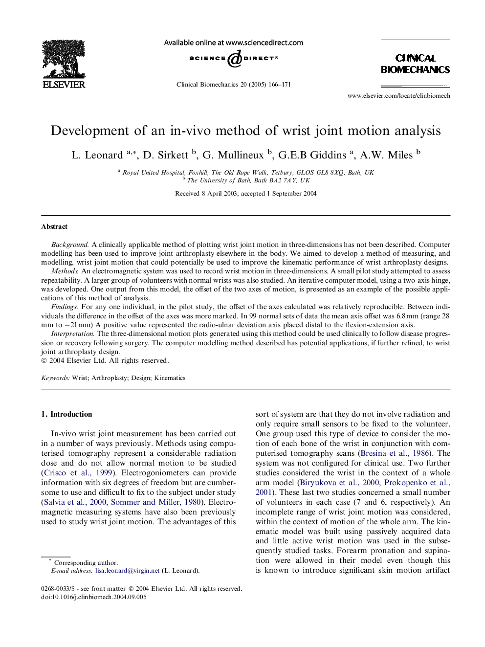 Development of an in-vivo method of wrist joint motion analysis