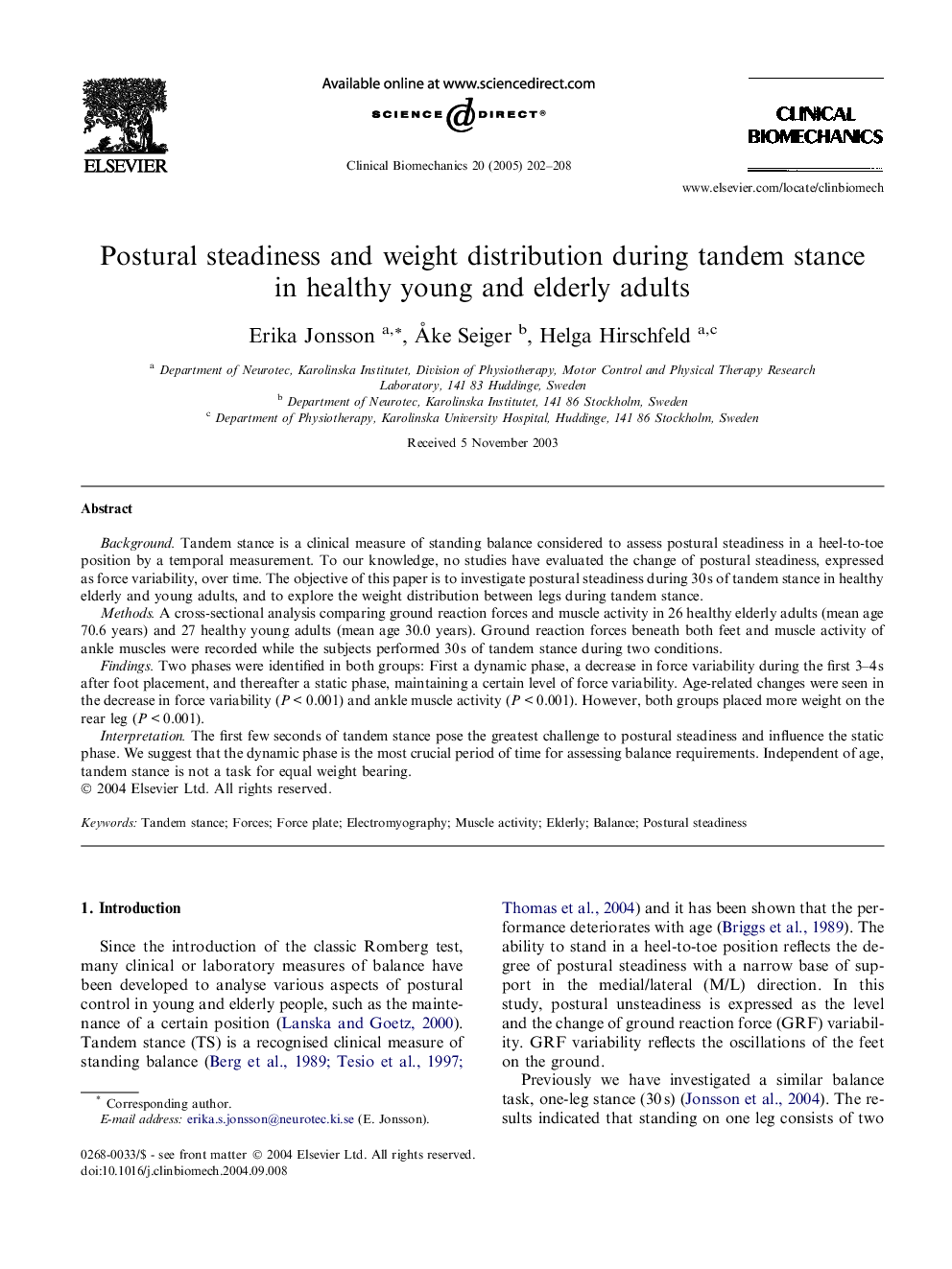 Postural steadiness and weight distribution during tandem stance in healthy young and elderly adults