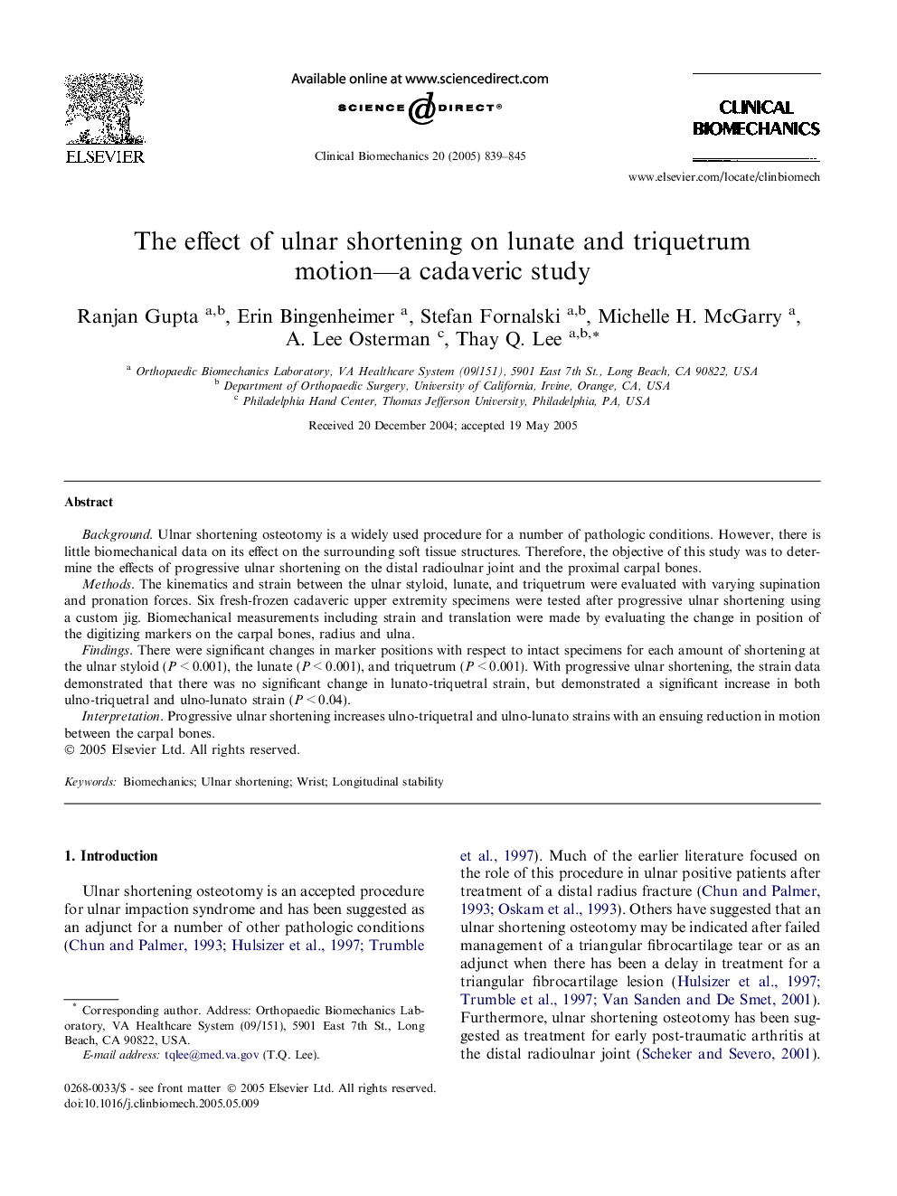 The effect of ulnar shortening on lunate and triquetrum motion-a cadaveric study