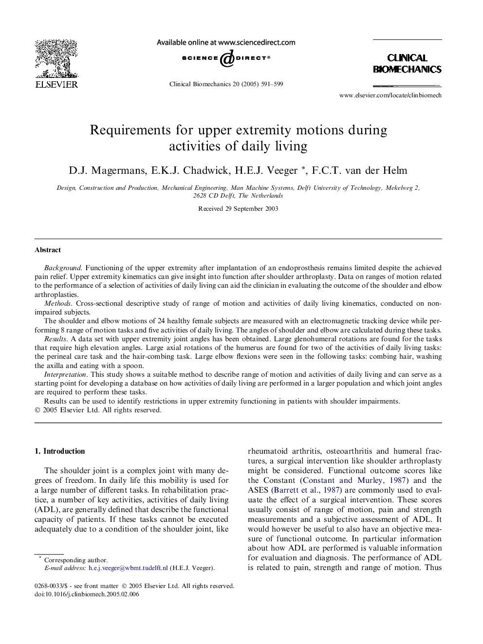 Requirements for upper extremity motions during activities of daily living