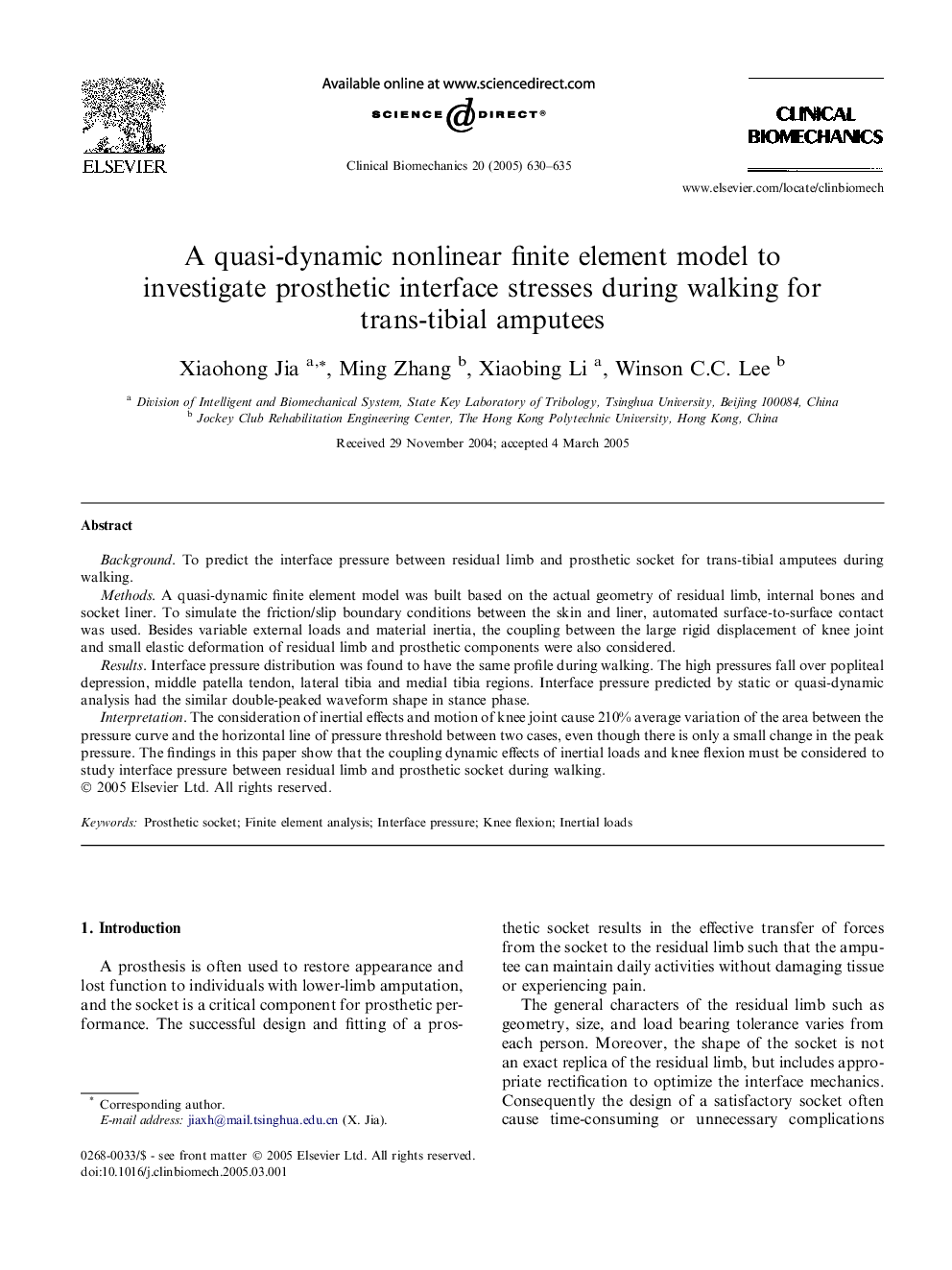 A quasi-dynamic nonlinear finite element model to investigate prosthetic interface stresses during walking for trans-tibial amputees