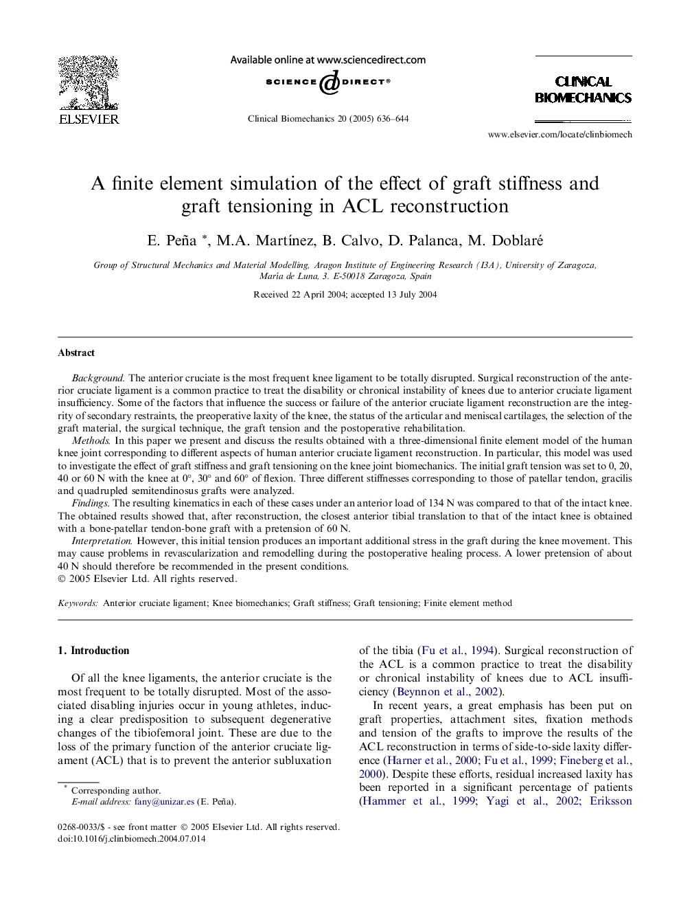 A finite element simulation of the effect of graft stiffness and graft tensioning in ACL reconstruction