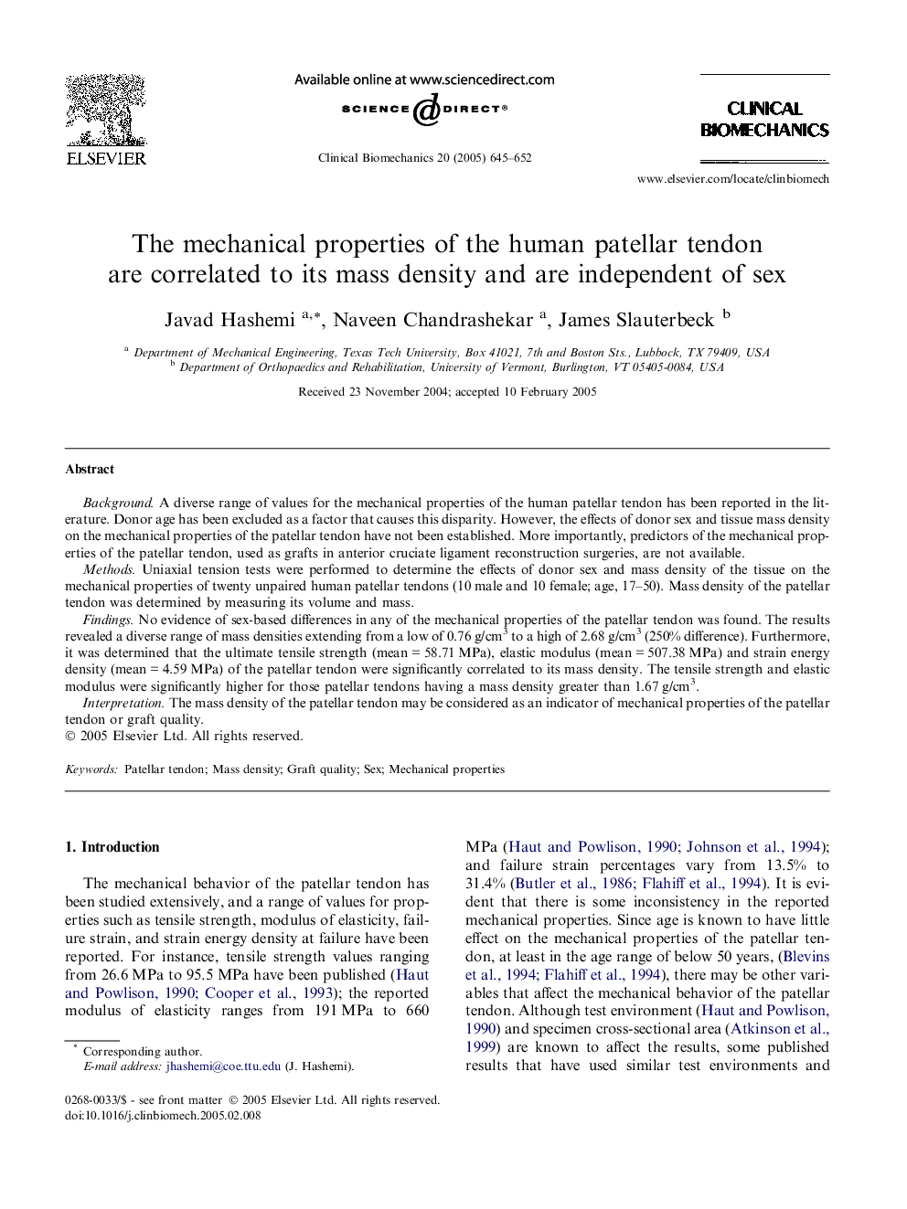 The mechanical properties of the human patellar tendon are correlated to its mass density and are independent of sex