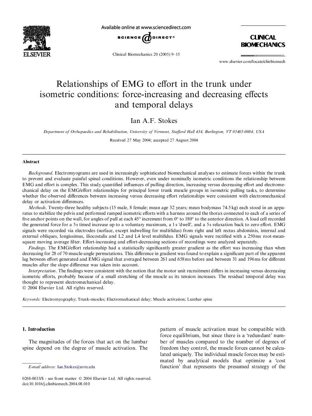 Relationships of EMG to effort in the trunk under isometric conditions: force-increasing and decreasing effects and temporal delays