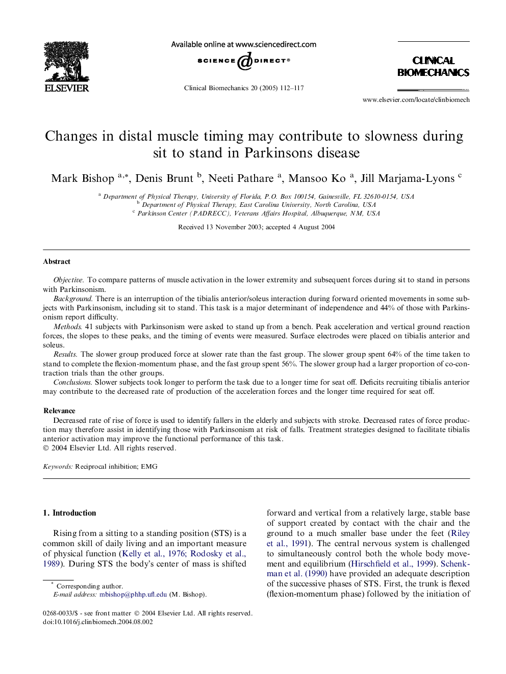 Changes in distal muscle timing may contribute to slowness during sit to stand in Parkinsons disease