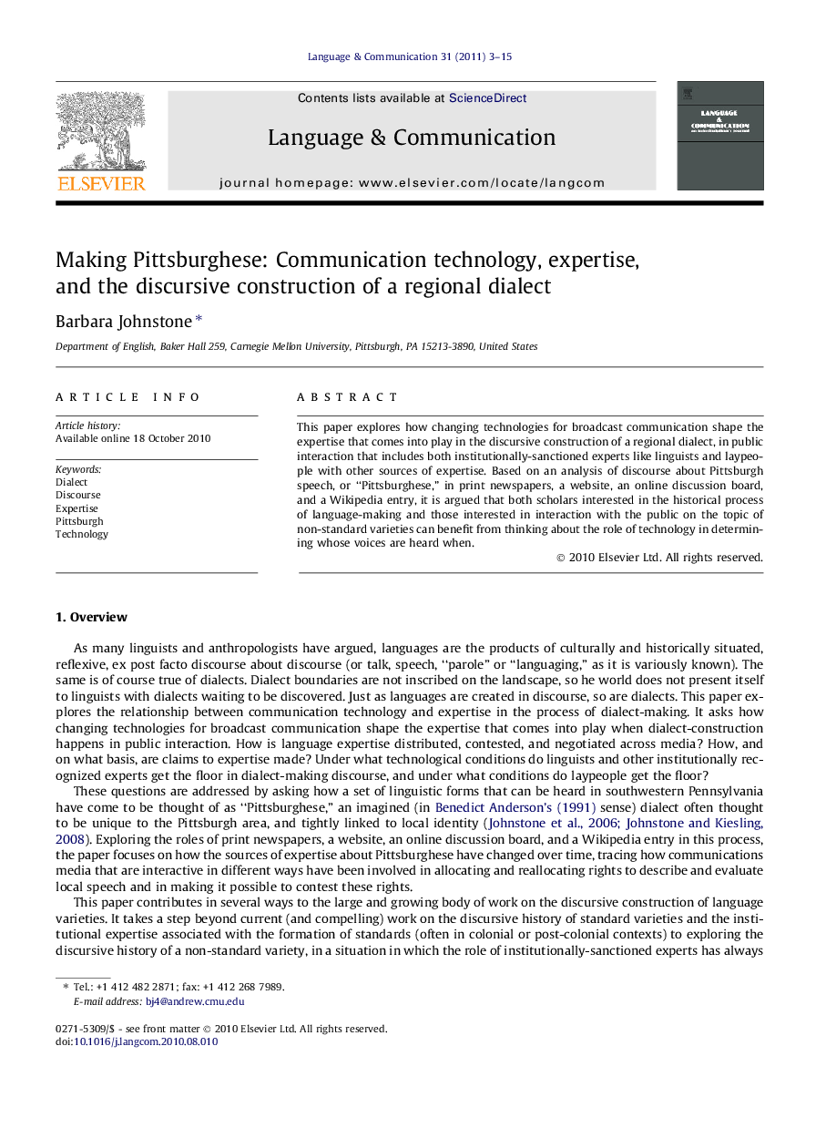 Making Pittsburghese: Communication technology, expertise, and the discursive construction of a regional dialect