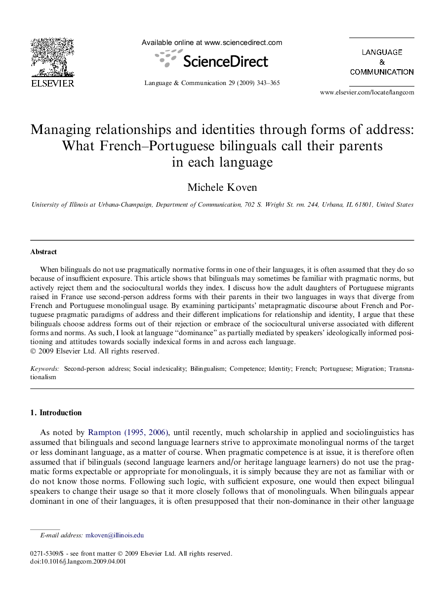 Managing relationships and identities through forms of address: What French–Portuguese bilinguals call their parents in each language