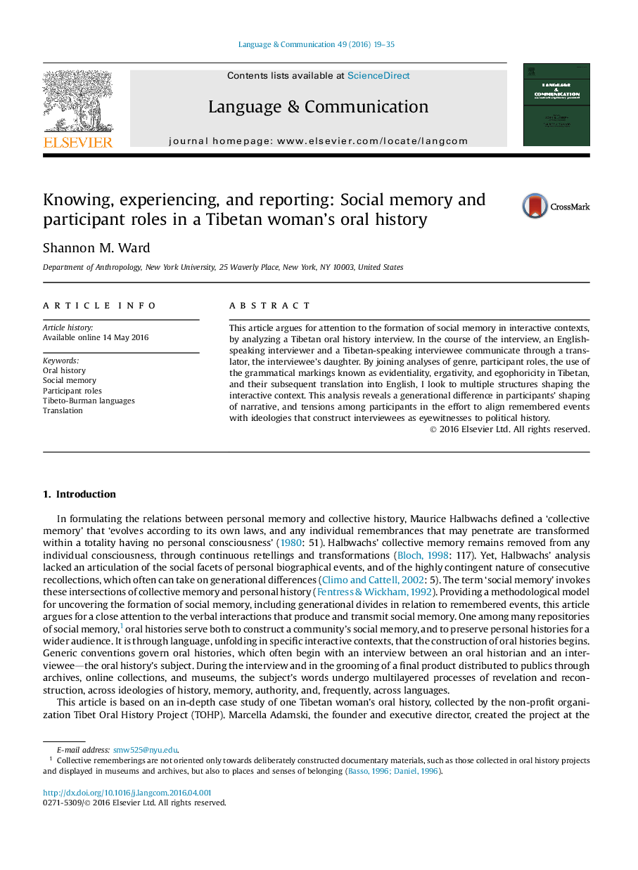 Knowing, experiencing, and reporting: Social memory and participant roles in a Tibetan woman's oral history