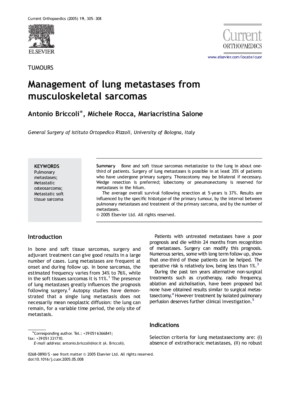 Management of lung metastases from musculoskeletal sarcomas