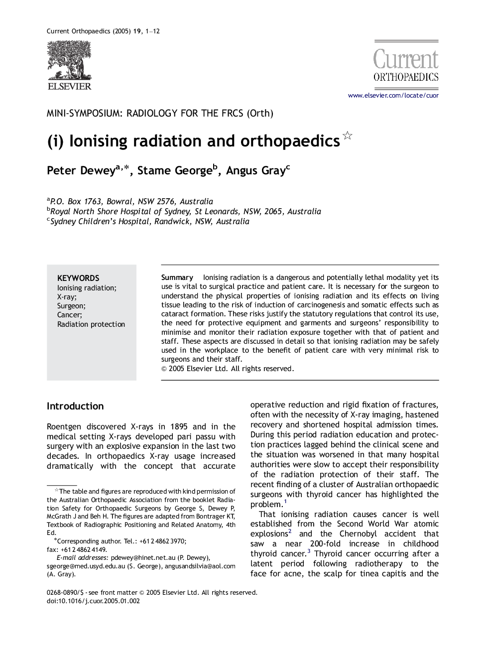 (i) Ionising radiation and orthopaedics