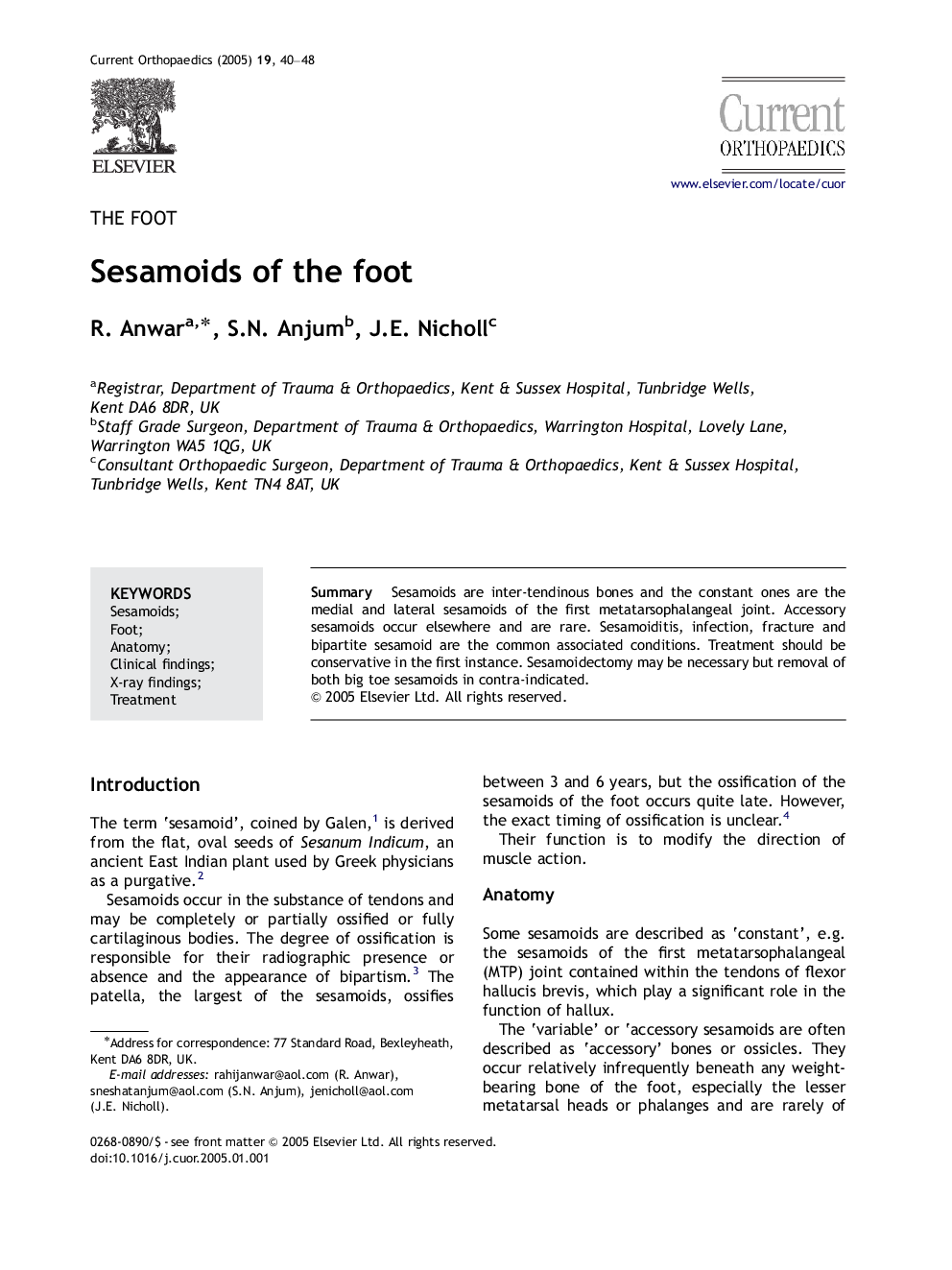 Sesamoids of the foot