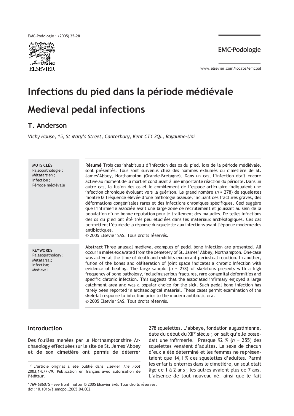 Infections du pied dans la période médiévale