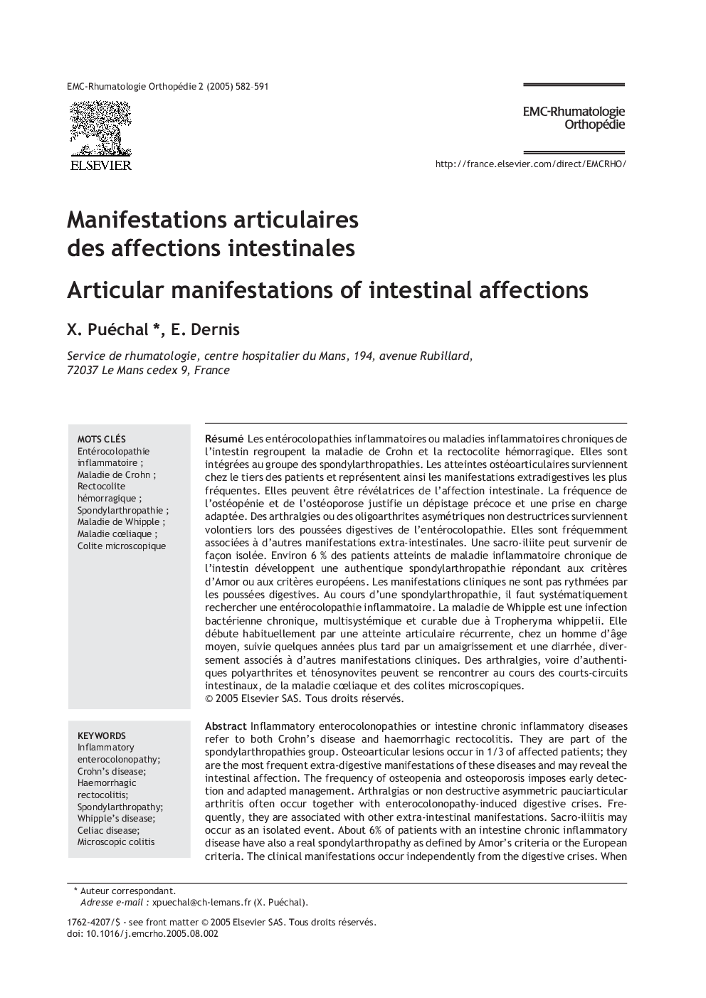 Manifestations articulaires des affections intestinales