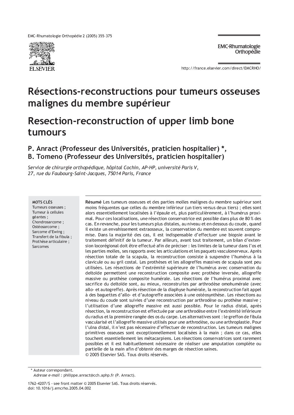 Résections-reconstructions pour tumeurs osseuses malignes du membre supérieur