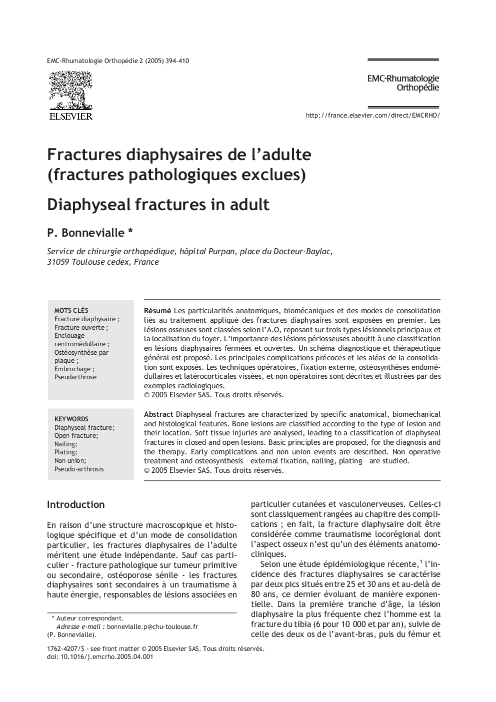 Fractures diaphysaires de l'adulte (fractures pathologiques exclues)