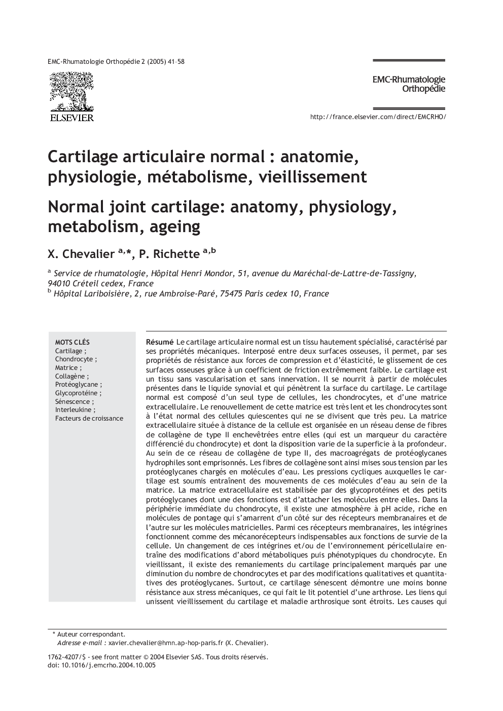 Cartilage articulaire normal : anatomie, physiologie, métabolisme, vieillissement