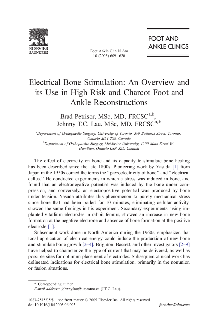 Electrical Bone Stimulation: An Overview and its Use in High Risk and Charcot Foot and Ankle Reconstructions