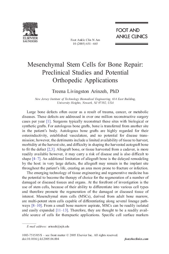 Mesenchymal Stem Cells for Bone Repair: Preclinical Studies and Potential Orthopedic Applications