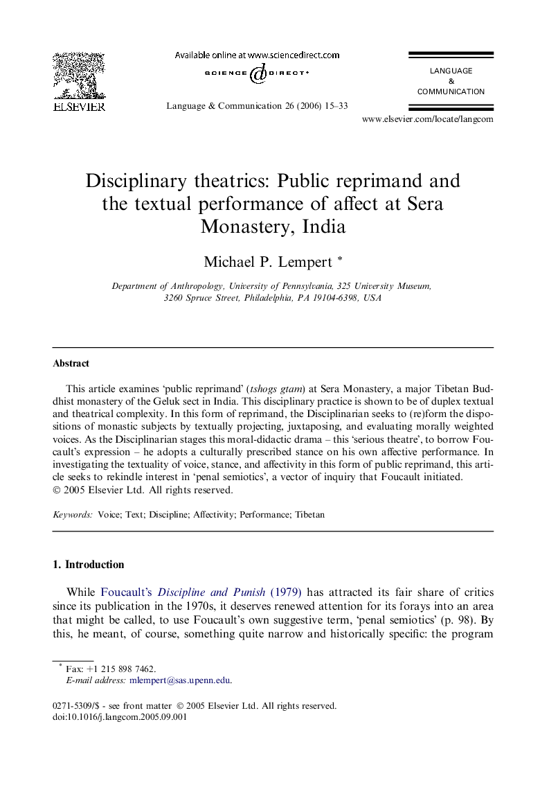 Disciplinary theatrics: Public reprimand and the textual performance of affect at Sera Monastery, India