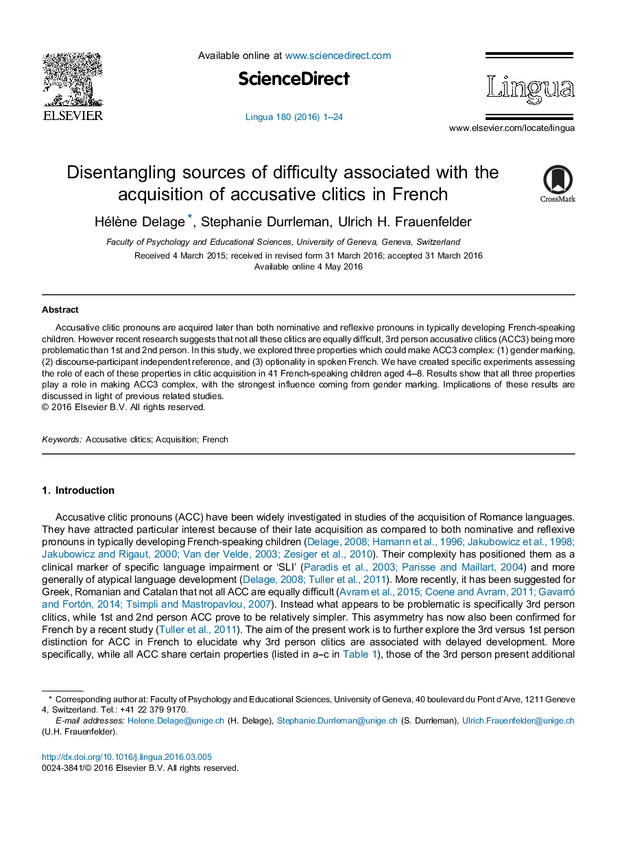 Disentangling sources of difficulty associated with the acquisition of accusative clitics in French