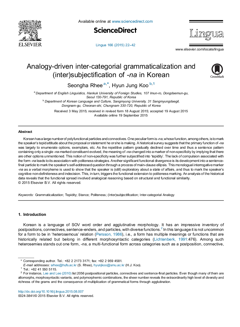 Analogy-driven inter-categorial grammaticalization and (inter)subjectification of -na in Korean